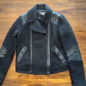 Vince Black Zip Up Moto Jacket Wool Blend With Leather Trim Womens Size XS